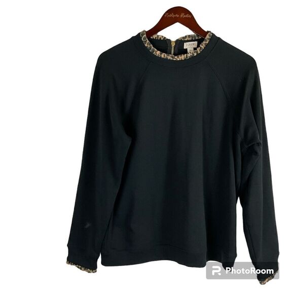J Crew Women Black Sz XL Sweatshirt Animal Print Trim Pullover Zipper Comfort N3 - Picture 1 of 11